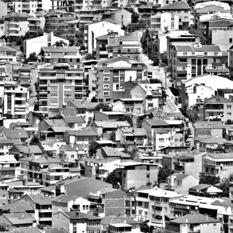 grayscale photo of city buildings